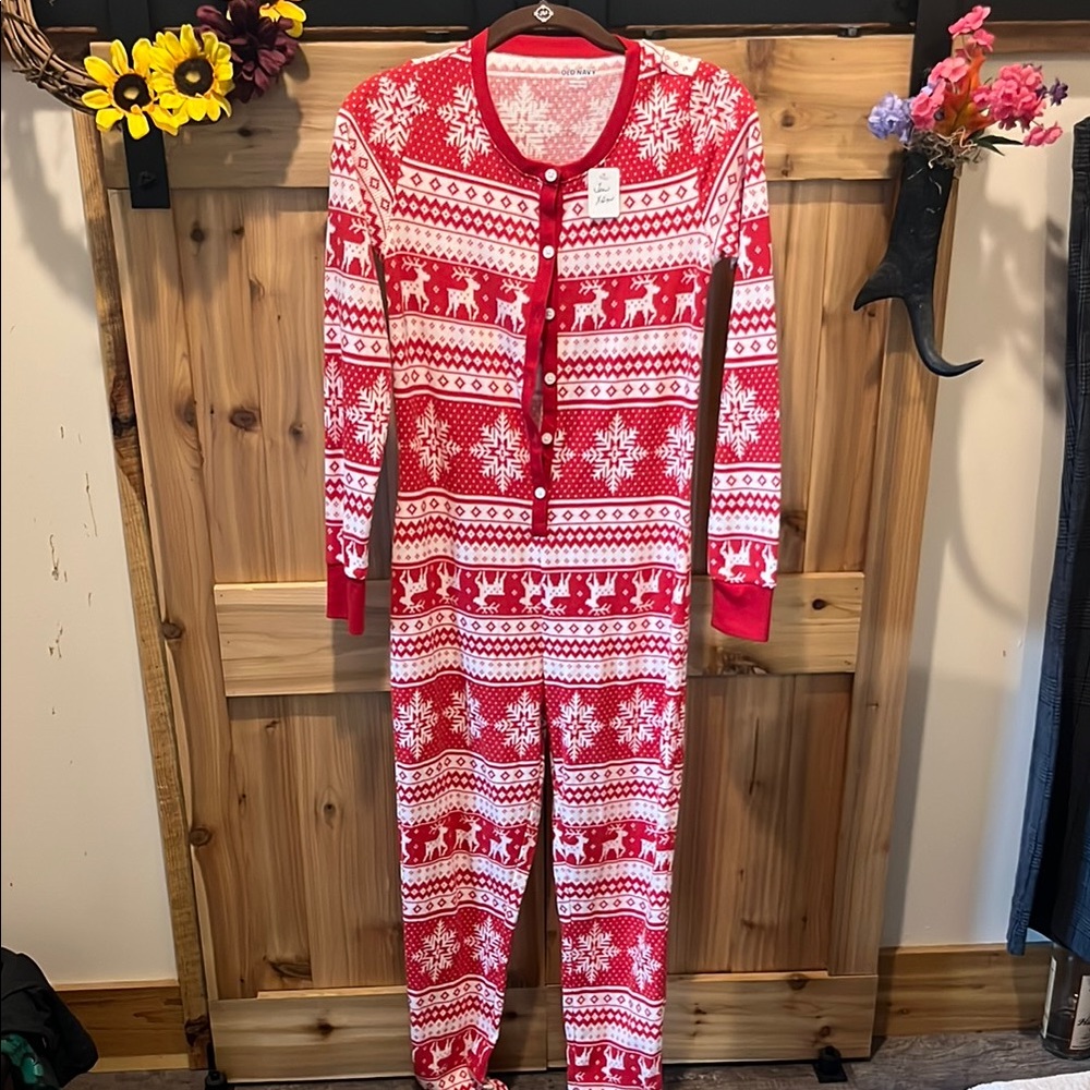 Old Navy Red and White Fair Isle Reindeer One-Piece Pajama